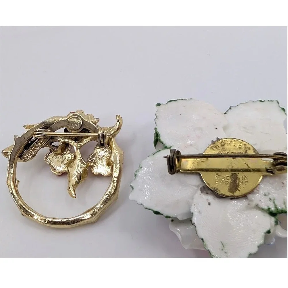VTG Brooch Lot Floral Gold Tone Thorley Bone China Gerrys Botanical Garden Party